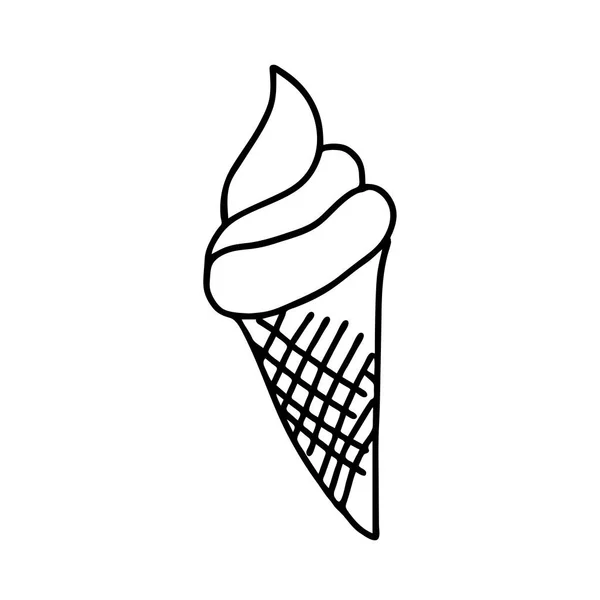 Ilustración vectorial dibujada a mano en negro de un helado frío fresco en un cono de gofre aislado sobre un fondo blanco — Archivo Imágenes Vectoriales