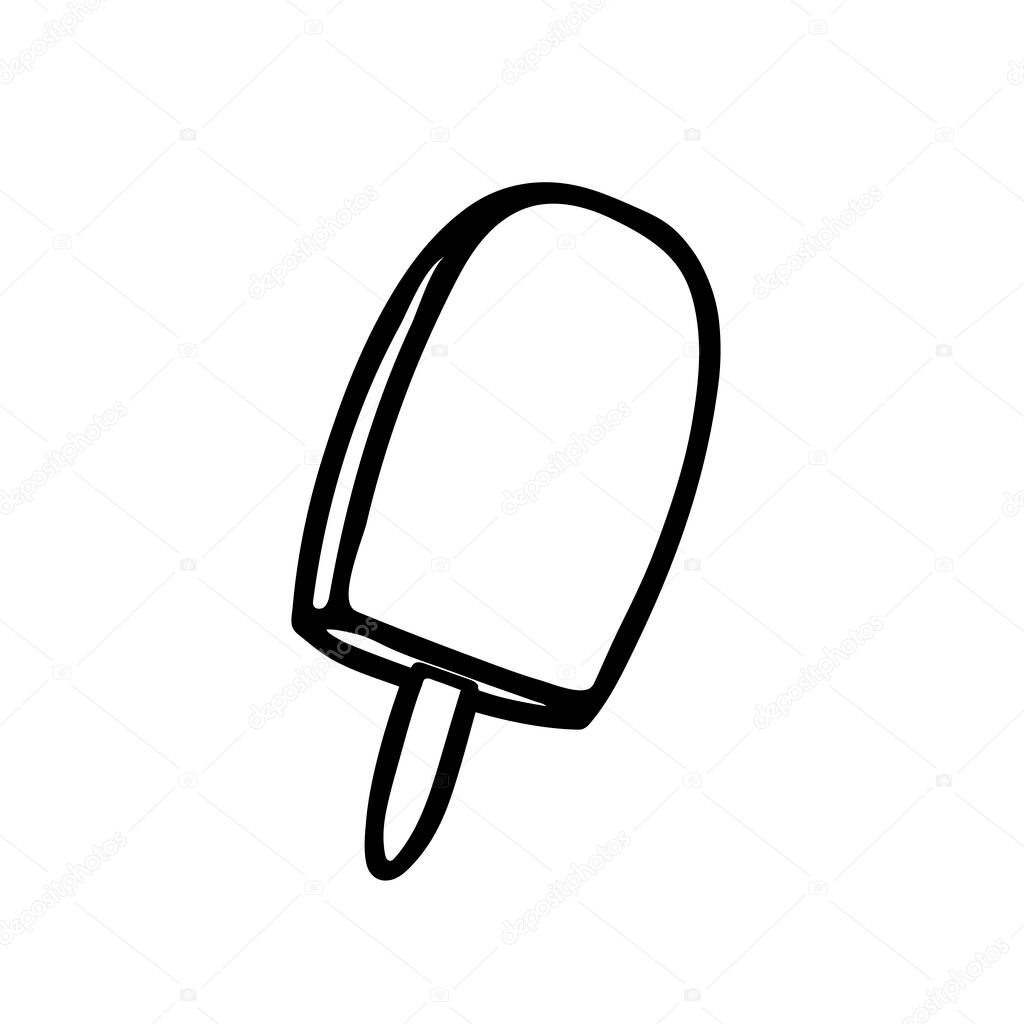 A Black hand-drawn vector illustration of One fresh cold ice cream or popsicle on a wooden stick isolated on a white background