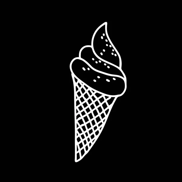 White hand-drawn vector illustration of One fresh cold ice cream in a waffle cone with caramel sprinkles isolated on a black background — Stock Vector