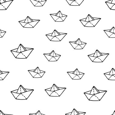 Çocuklar için boyama kitabı için beyaz arka planda izole edilmiş origami kağıttan oyuncak teknelerin el çizimi güzel bir siyah vektör çizimi. Kusursuz desen