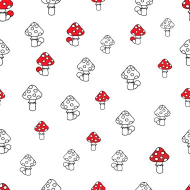 Beyaz arka planda izole edilmiş büyük ve küçük kırmızı taze mantarlardan oluşan bir grubun Renkli el çizimi vektör çizimi. Kusursuz desen