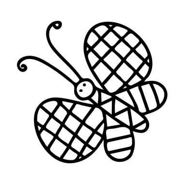 Bir kelebeğin el çizimi bir siyah vektör çizimi beyaz arka planda uçuyor.