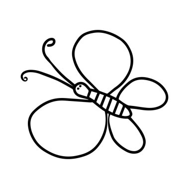 Bir kelebeğin el çizimi bir siyah vektör çizimi beyaz arka planda uçuyor.