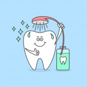 Cartoon tooth washes with a mouthwash. Teeth care and hygiene icon. Dental vector illustration for kids. Molar character taking shower, rinse mouth.