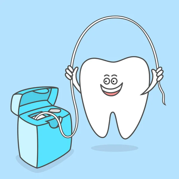 卡通牙齿与牙线 牙齿护理概念和卫生 儿童牙科向量说明 奇怪的磨牙牙 Plaing Dentisty 儿童海报 — 图库矢量图片