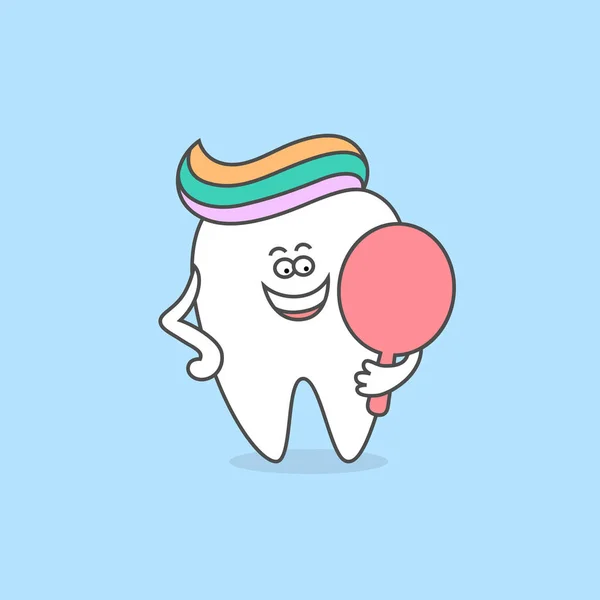 Kreslený Zub Pastu Zrcadlo Ikona Zdravé Zuby Dentální Péče Hygieny — Stockový vektor