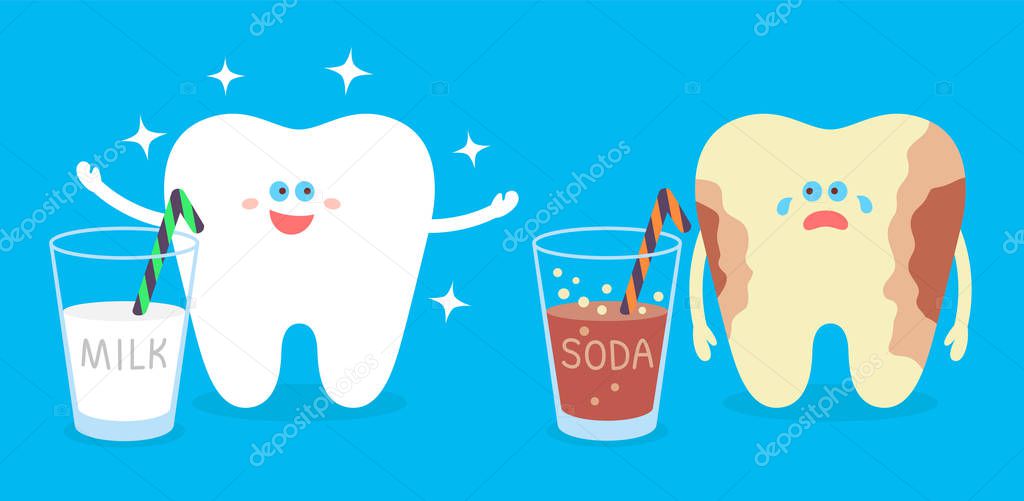 Healthy cartoon tooth with a milk and cavity tooth with a soda. Dental care and hygiene illustration. Good and bad habits.