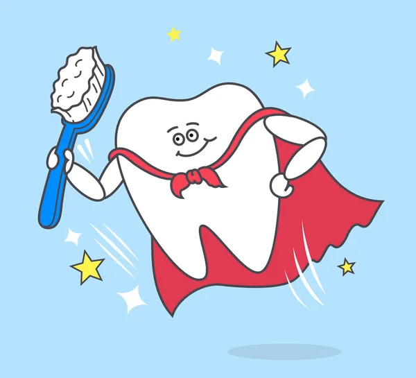 Cartoon Tooth Toothbrush Wearing Red Cloak Super Power Brushing Teeth — Stock Vector