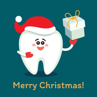 Diş tebrik kartı. Bir hediye kutusu ile diş. Mutlu Noeller!