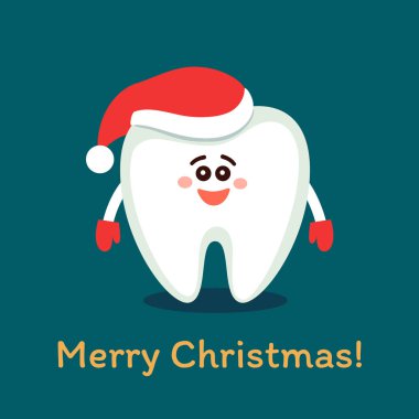 Noel Baba şapkası gülümseyen karikatür diş. Mutlu Noeller! Diş Hekimliği, bir poster dileklerimle tebrik kartı.