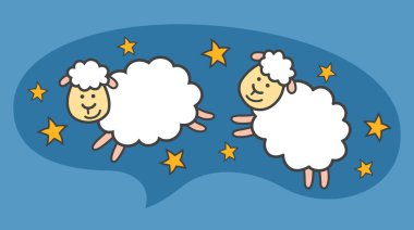 Beyaz küçük karikatür koyun veya kuzu mavi gece gökyüzünde uçuyor. Uyku alegori ve tatlı rüyalar.