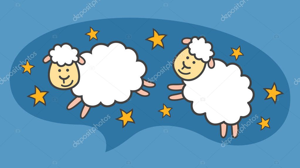 White little cartoon sheeps or lambs are flying in the blue night sky. Allegory of sleeping and sweet dreams.