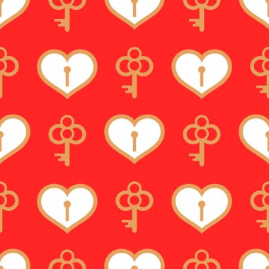 Sevgililer günü seamless modeli. Beyaz kupa ve kırmızı zemin üzerine altın anahtarları. 