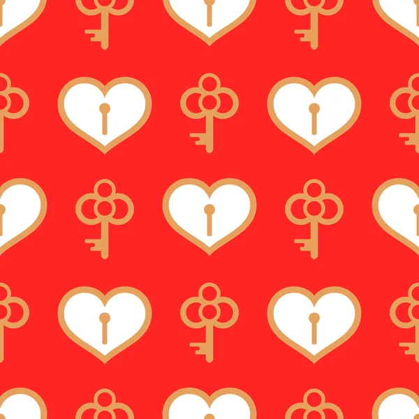 День Святого Валентина Безупречный Шаблон Белые Сердца Золотые Ключи Красном — стоковый вектор