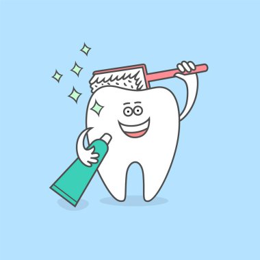 Bir diş macunu ve diş fırçası ile karikatür diş. Diş Bakımı ve hijyen simgesi. Diş fırçalama. Çocuklar için diş illüstrasyon.