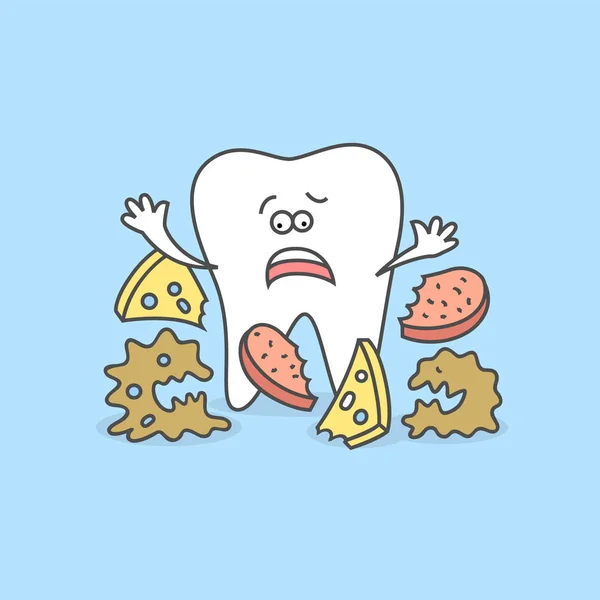 Diente Dibujos Animados Con Bacterias Restos Alimentos Cuidado Higiene Dental — Archivo Imágenes Vectoriales