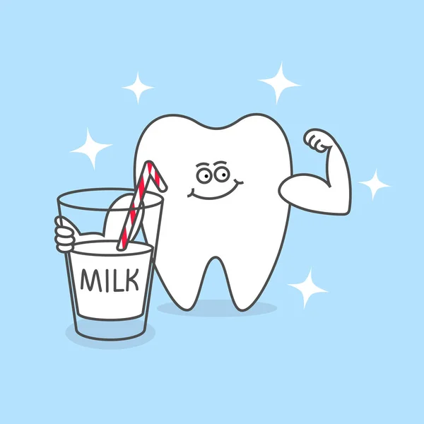 Bir Bardak Süt Ile Karikatür Diş Diş Bakımı Hijyen Simgesi — Stok Vektör