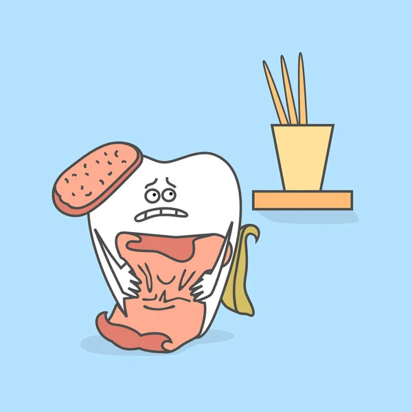 有食物碎片和牙签的卡通牙 牙科保健的概念和卫生 — 图库矢量图片