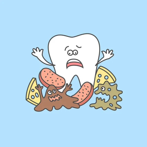 Мультипликационный Зуб Бактериями Пищевым Мусором Уход Зубами Гигиена Зубная Икона — стоковый вектор