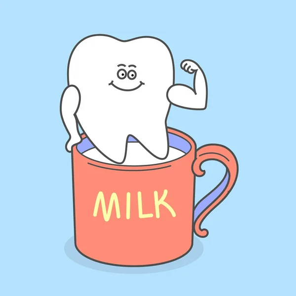 Bir Bardak Süt Ile Karikatür Diş Diş Bakımı Kavramı Yemek — Stok Vektör