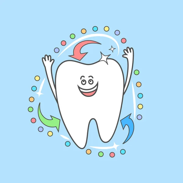 Šťastný Karikatura Zub Barevné Šipky Tečky Čištění Bělení Zubů Zdravé — Stockový vektor