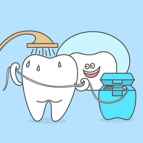 Diente Dibujos Animados Está Tomando Una Ducha Con Hilo Dental — Archivo Imágenes Vectoriales