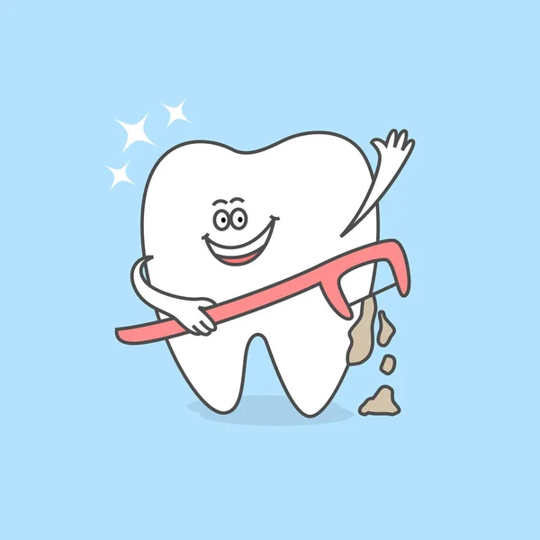 带有牙线棒或牙线架的卡通牙齿 牙齿护理和卫生图标 牙科插图 — 图库矢量图片