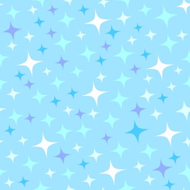 Starlight parıltılı, parıldayan yıldızlar ile Dikişsiz desen. Parlak mavi arka plan. Karikatür tarzı.