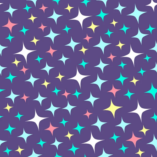 星の輝きを持つシームレスなパターンは、星空を輝く。夜の星空のイラスト。光沢のある紫色の背景。漫画のスタイル. — ストックベクタ