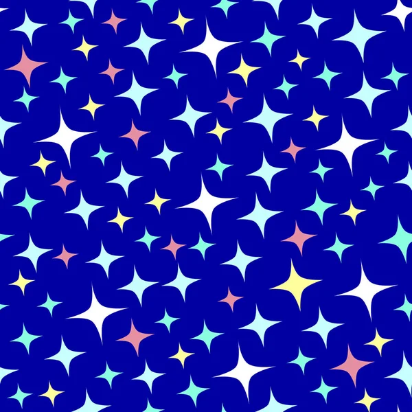 Бесшовный рисунок со звёздным светом, сверкающими звёздами. Сияющий темно-синий фон. Иллюстрация ночного звездного неба. Карикатурный стиль . — стоковый вектор