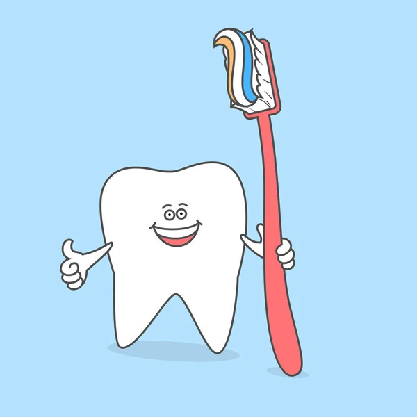 Diente con cepillo de dientes y pasta de dientes. Cepillarse los dientes. Símbolo de higiene y cuidado dental. Diente de dibujos animados. Diente sonriente . — Archivo Imágenes Vectoriales