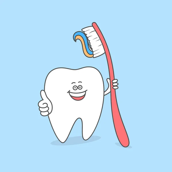 Dente con spazzolino e dentifricio. Lavarsi i denti. Cura dentale e simbolo di igiene. Dente dei cartoni animati. Dente sorridente . — Vettoriale Stock
