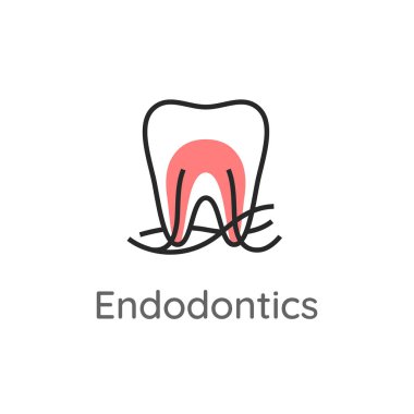 Endodonti. Kök kanalları ve sinirleri olan diş. Diş simgesi. Stomatoloji logosu veya illüstrasyon. Çizgi stili.
