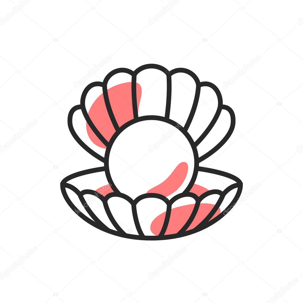 Shell with pearl vector template. Travel, seafood, jewelry logotype, symbol, icon, emblem in linear style.