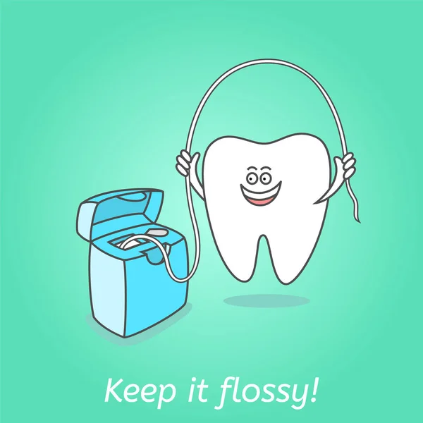 歯のフロスと漫画の歯 歯のケアの概念および衛生 子供のための歯科イラスト フロッシーに保つ — ストックベクタ