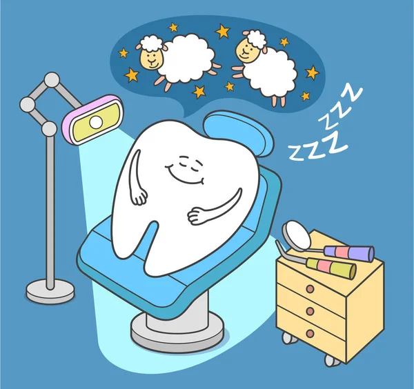 General Anesthesia. Cartoon tooth sleep in dental chair. — Stockvector