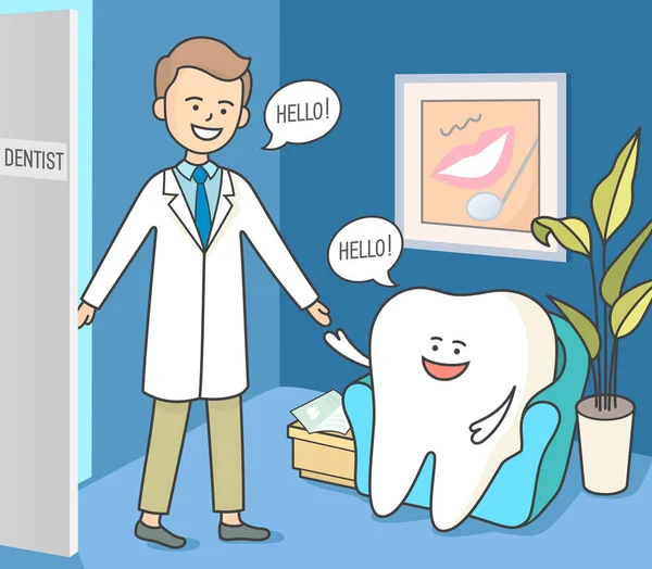Dente de desenho animado e dentista na recepção odontológica. Sala de espera dentária aconchegante . —  Vetores de Stock