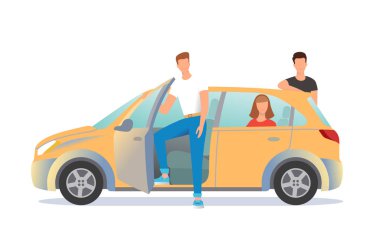 Car sharing illustration. Young people are ready to move off.  clipart