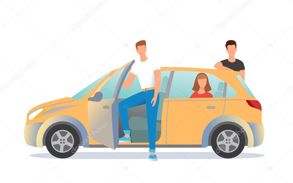 Car sharing illustration. Young people are ready to move off. 