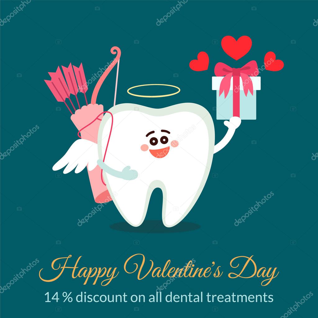 Dental valentine card. Cartoon tooth Cupid. Happy Valentine's Day