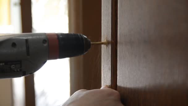 Carpintero principal instala la manija de los muebles en la puerta del armario de madera — Vídeo de stock