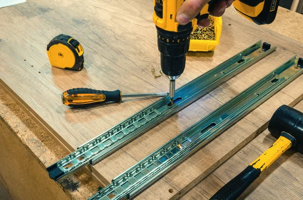 Assembly of hard furniture, close-up drawers for drawers — Stock Photo, Image