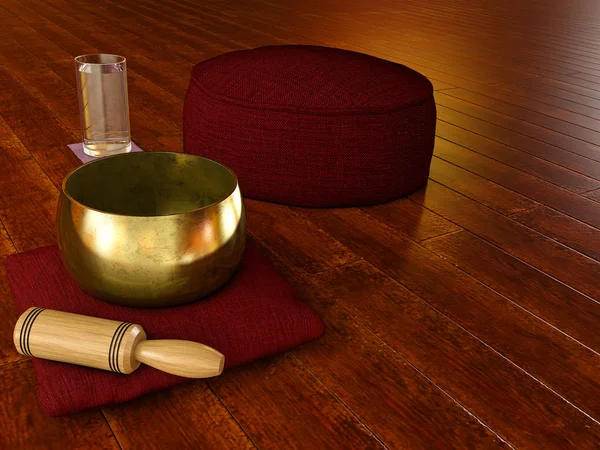 Ahşap zemin ile meditasyon ortamı, Tibet şarkı kase, su ve yastık Zafu yoga meditasyon-3D illüstrasyon cam