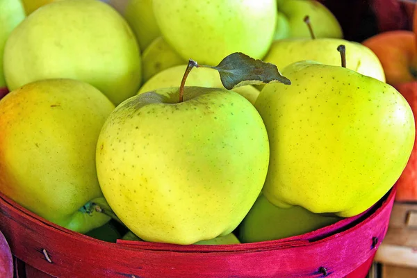 Nahaufnahme Von Gelbem Apfel Mit Blatt Roten Scheffelkorb — Stockfoto