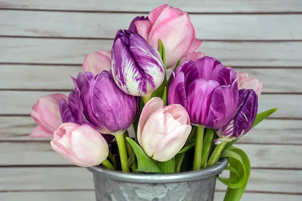 close up of pink and purple tulip bunch in metal pail with gray wood background