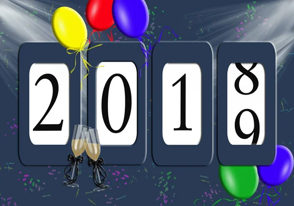 New Year 2019 Odometer Colorful Balloons Confetti Spotlight — Stock Photo, Image