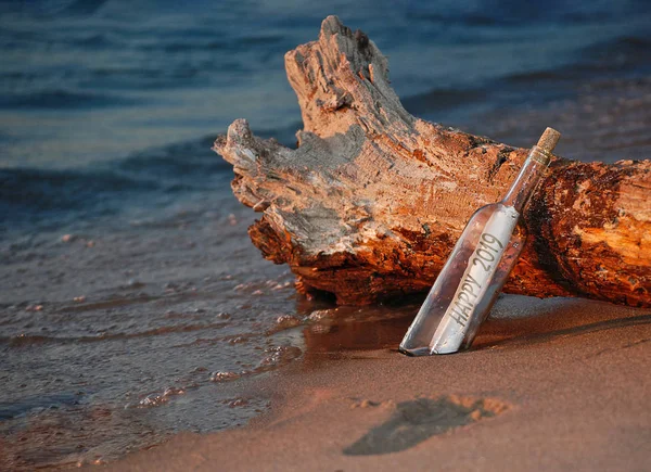 2019新年消息在一个瓶子与浮木原木在海滩上 — 图库照片