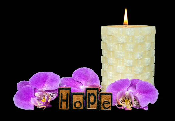 Palabra Esperanza Tipografía Tipografía Madera Con Flores Orquídea Rosa Vela — Foto de Stock