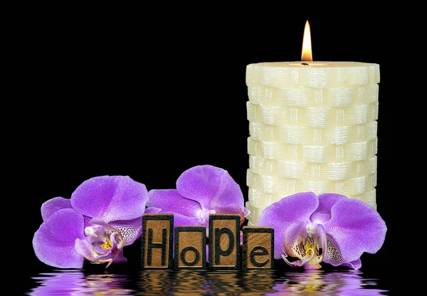 Palabra Esperanza Tipografía Tipografía Madera Con Flores Orquídea Rosa Vela —  Fotos de Stock