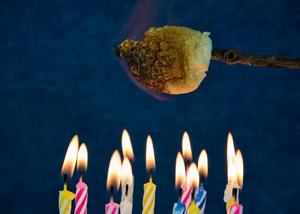 在一根棍子上烘烤棉花糖在许多燃烧的生日蜡烛 — 图库照片